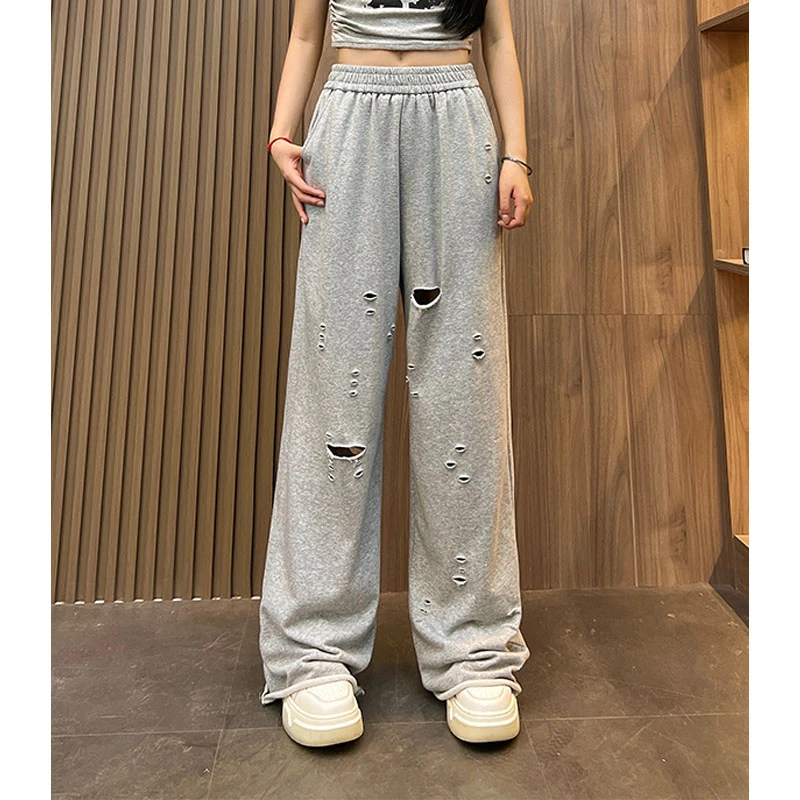 美式松紧腰破洞卷边毛圈阔腿休闲裤女春秋新款高腰拖地直筒长裤子