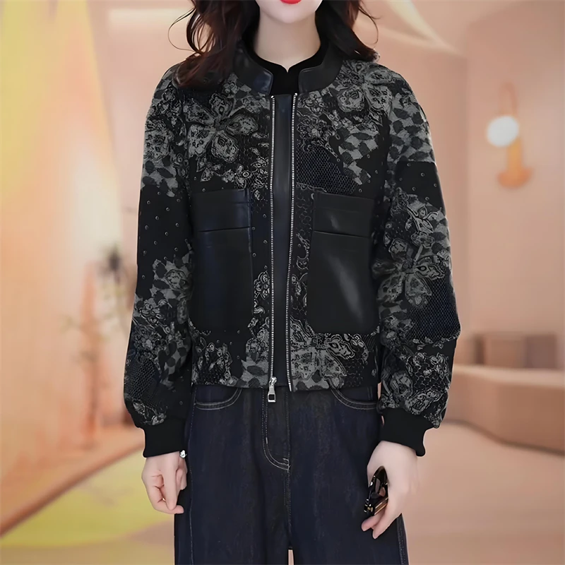 时尚百搭复古减龄休闲短款外套女秋季新款宽松设计感圆领夹克上衣