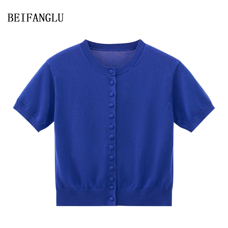 北方鹿 莱赛尔棉桑蚕丝显白克莱因蓝针织短袖开衫26551