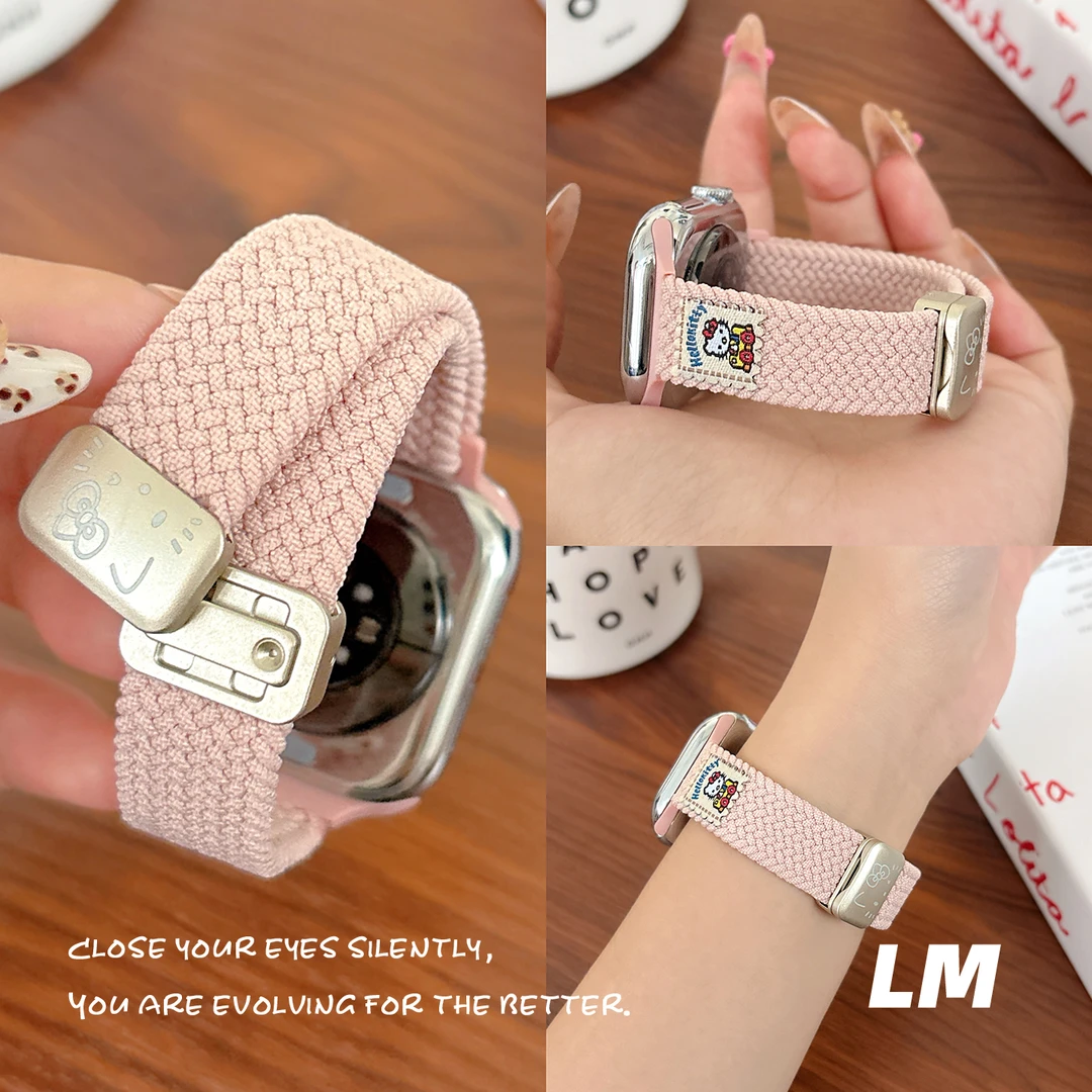 适用手表applewatch9表带pros10可爱开车kitty猫尼龙编织s8s7磁吸