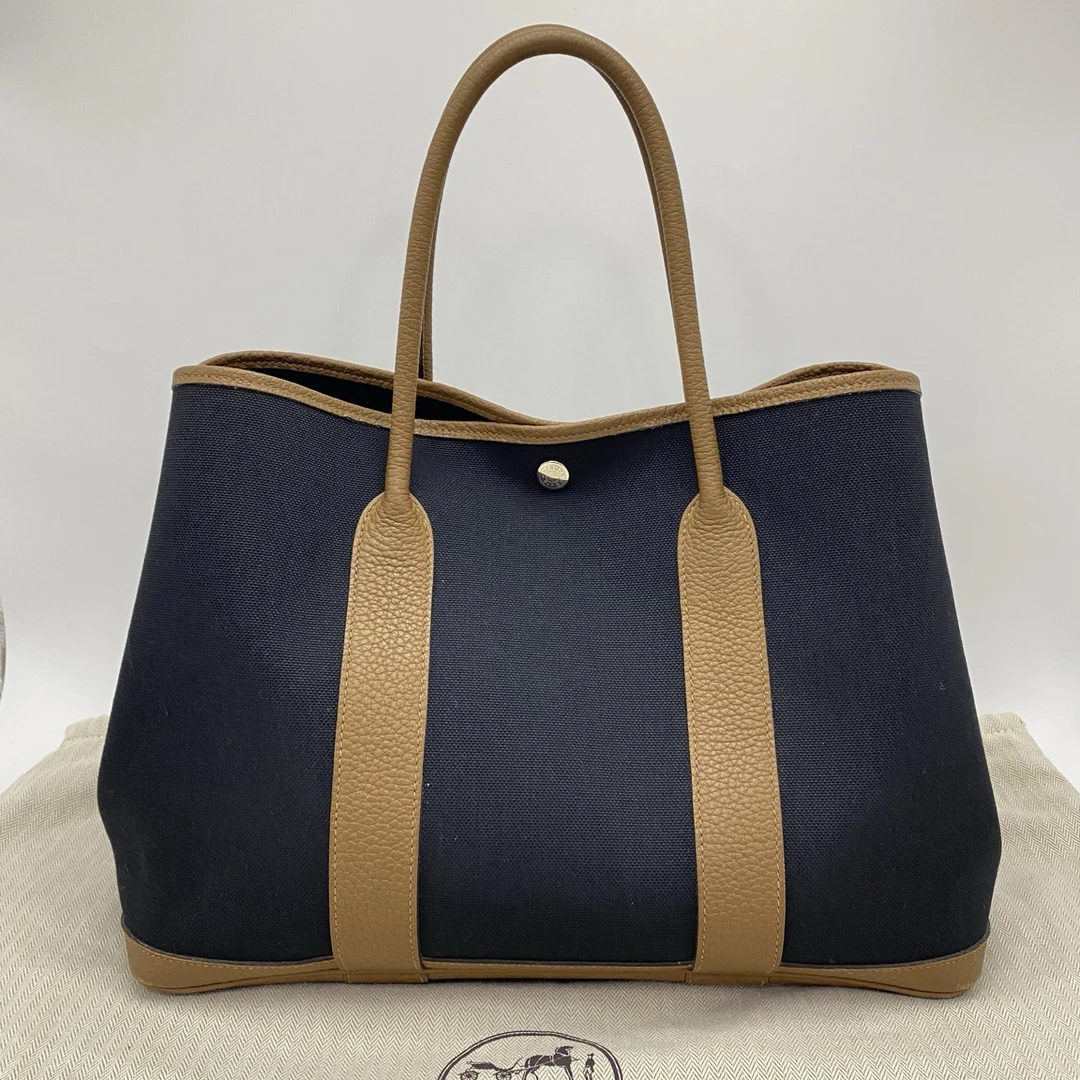 99新 Hermes/爱马仕 帆布拼皮银扣花园36手提包 08857