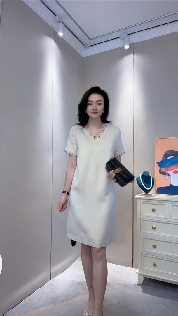 【深圳-南油】2025新款夏季时尚气质显瘦钉珠亚麻连衣裙 25091#