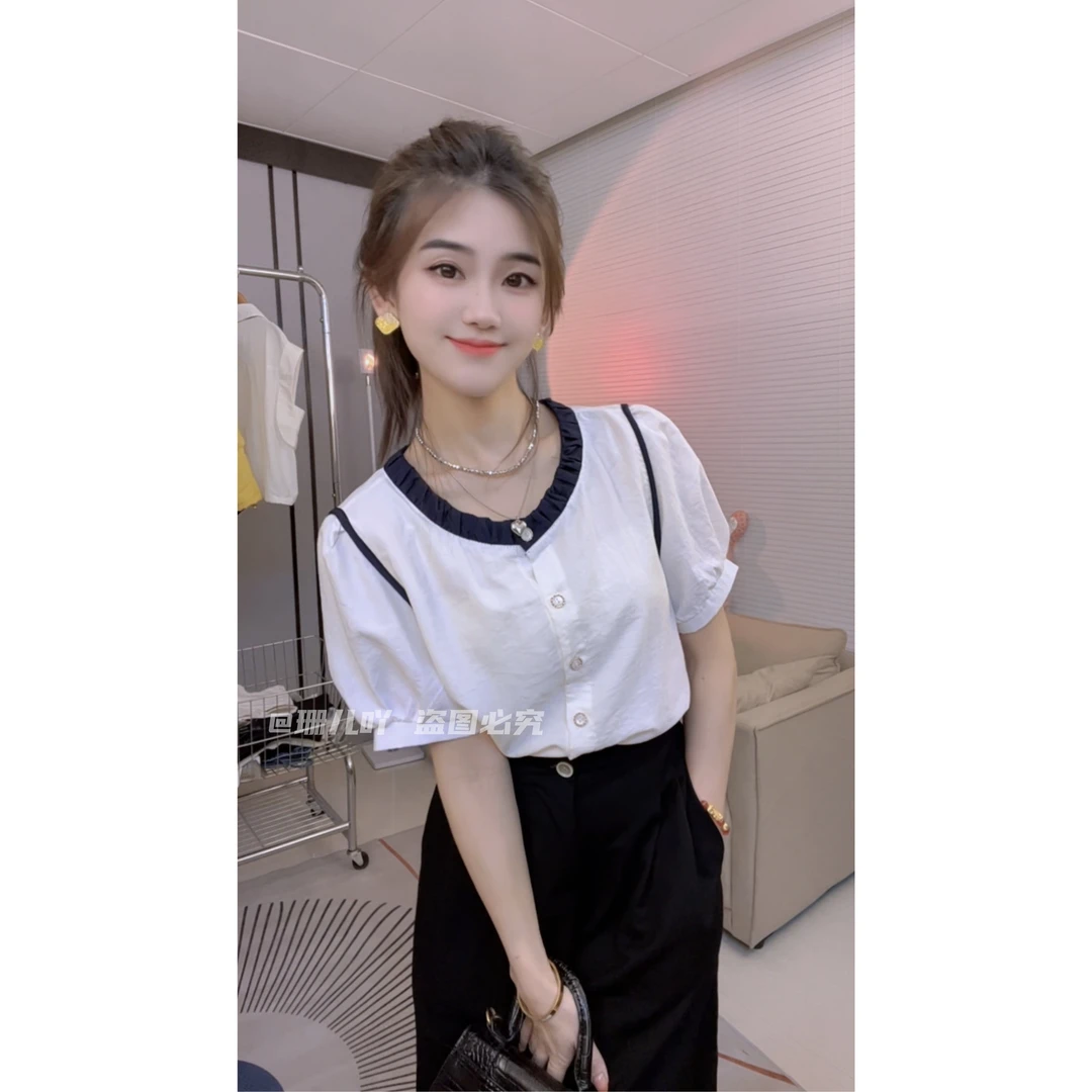 法式高级感短袖衬衫2025新款女夏季小个子洋气小衫泡泡袖上衣女潮