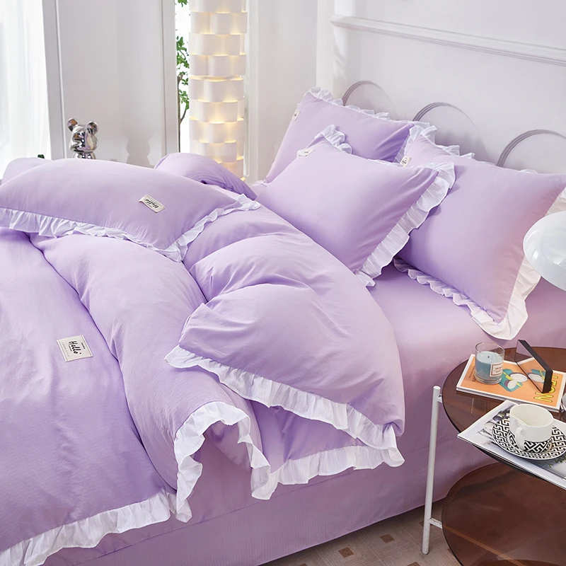春夏新款韩版公主风超柔水洗绵纯色圆角床单花边被套四件套四季用