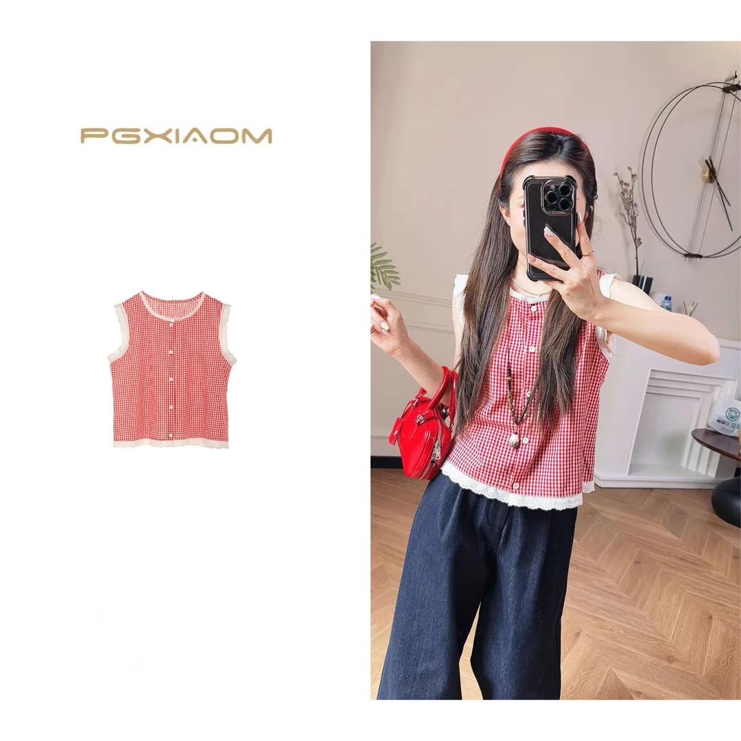 【PGXIAOM】润秀定制蕾丝花边红色格子上衣SY10015