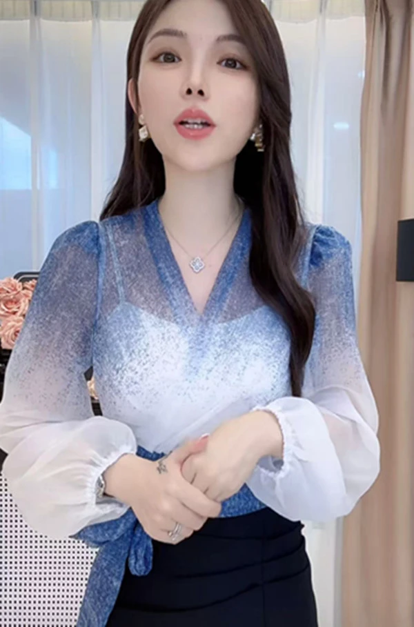 法式小众设计感一片式长袖衬衫气质显瘦渐变色上衣