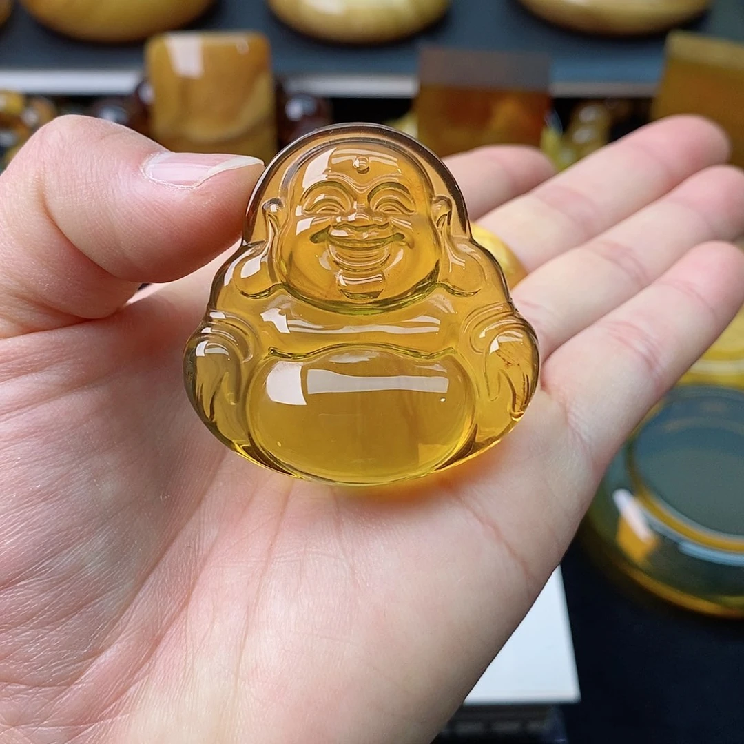 定制琥珀18K金镶嵌爱**猫金珀大肚弥勒佛