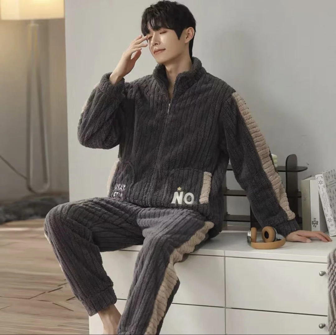 #珊瑚绒睡衣秋冬男冬季加绒加厚保暖开衫拉链炭灰色家居服套装