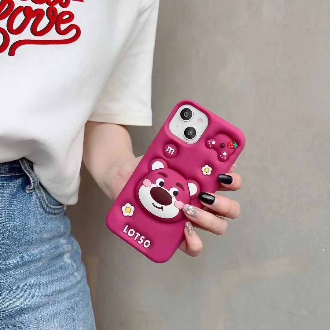 【苹果华为oppo小米vivo】卡通支架草莓熊适用iPhone16软硅胶手机壳