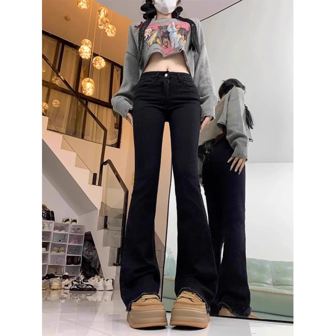 黑色毛边微喇牛仔裤女春季新款大码胖mm高腰显瘦梨形身材喇叭裤子