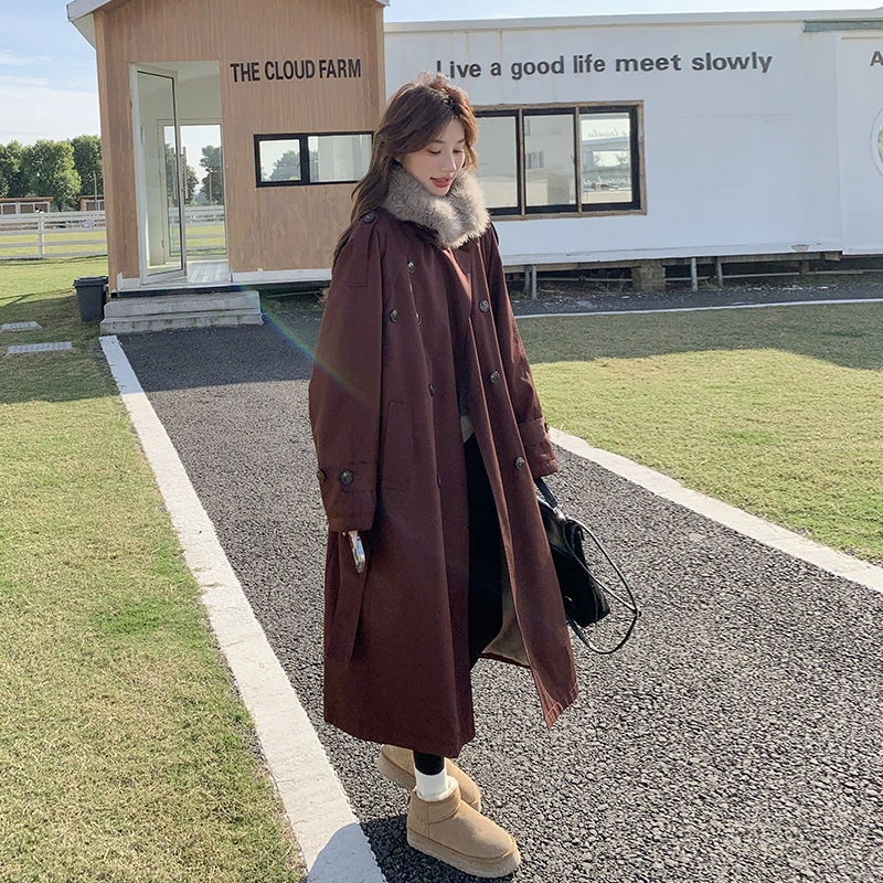 安可拉红中长款派克服女冬季2025新款工装棉服加绒加厚风衣式棉衣