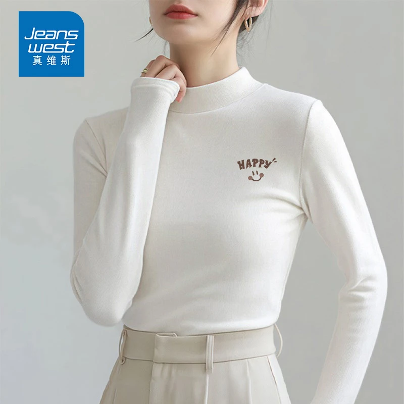 真维斯半高领仿德绒打底衫女2025新款加绒保暖修身内搭长袖t恤女
