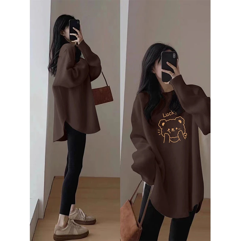 美拉德圆领打底衫女秋冬中长款遮屁股长袖T恤内搭配鲨鱼裤的上衣