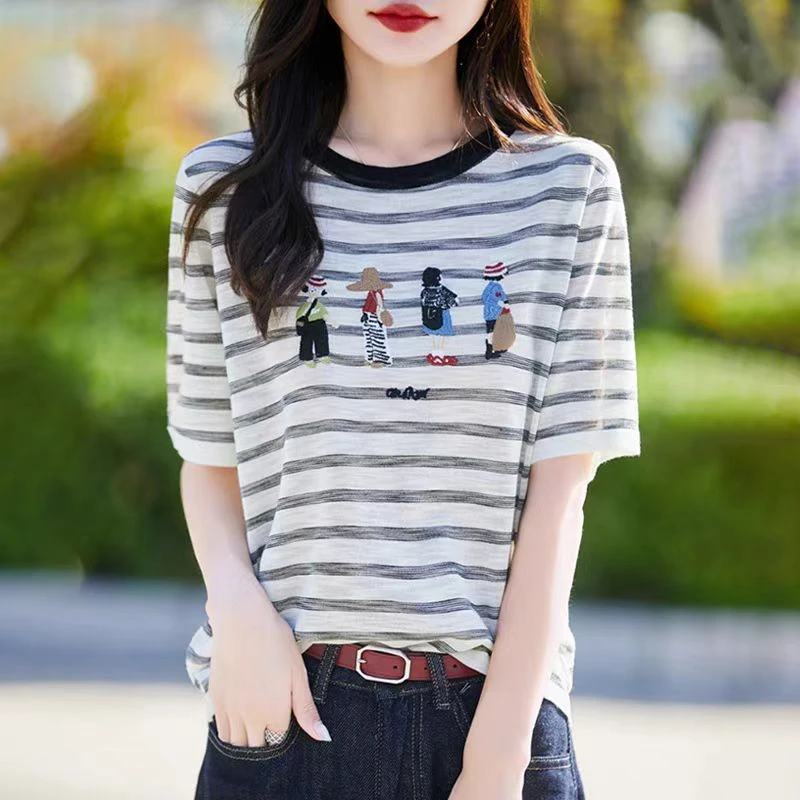 夏装新款圆领撞色条纹冰丝针织衫女时尚宽松提花短袖T恤套头上衣