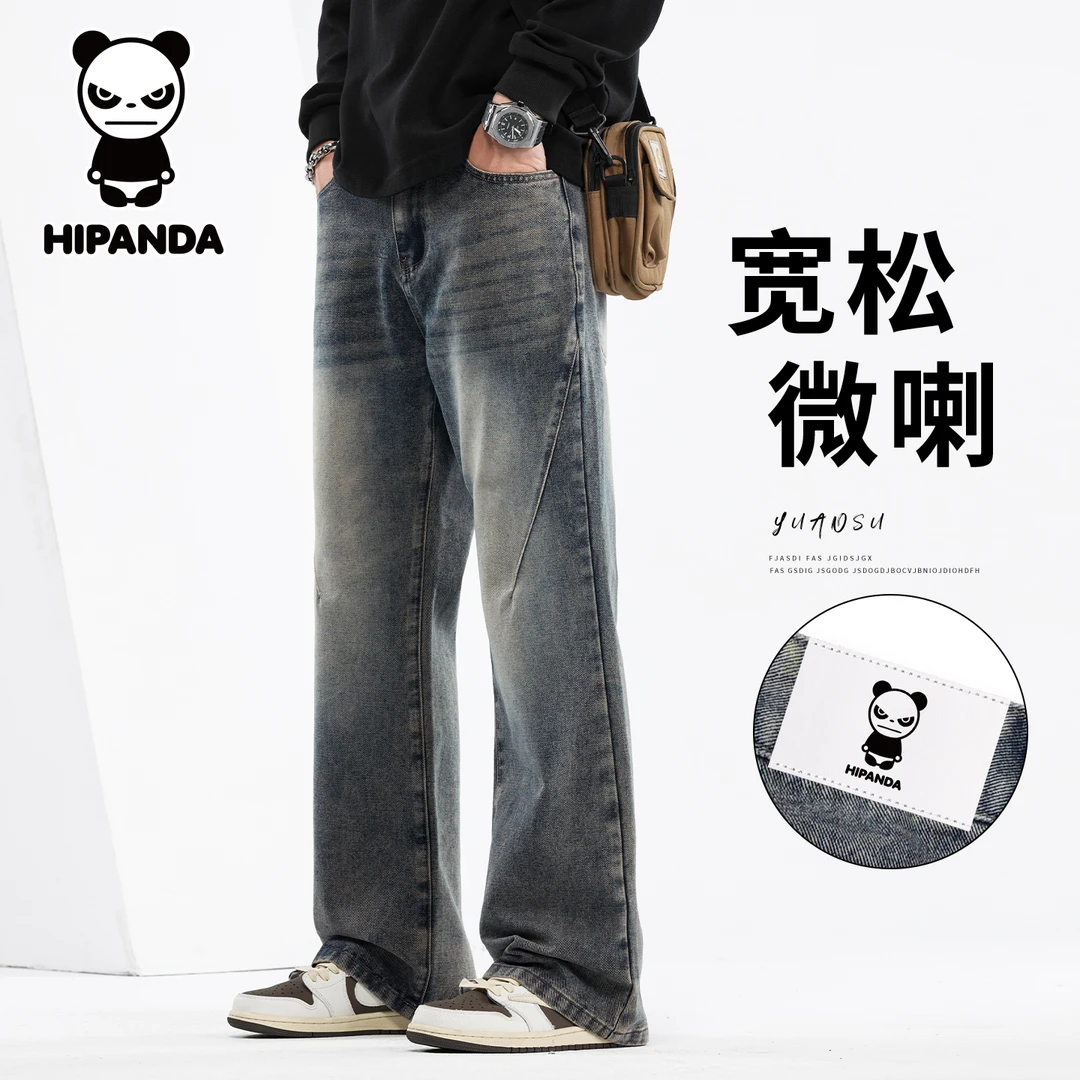 Hi Panda你好熊猫秋冬美式高街微喇牛仔裤男士潮流百搭直筒长裤子