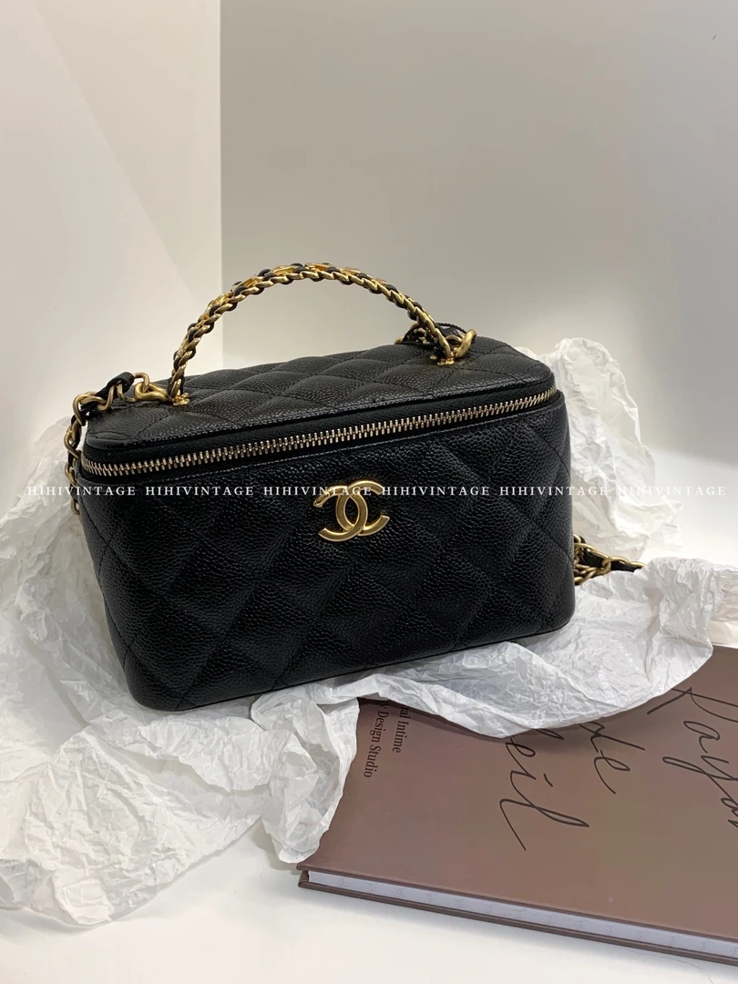 99新 Chanel/香奈儿 HIHI/22S 黑色金扣荔枝纹字手柄盒子包 二店