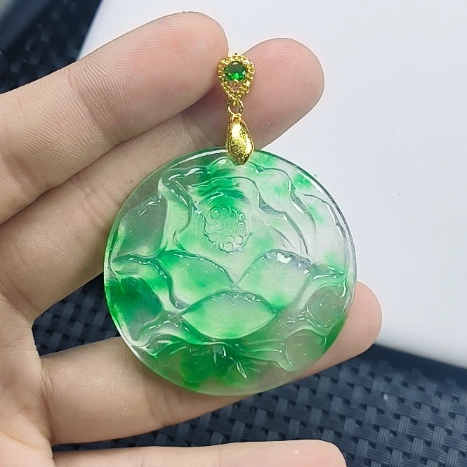 （聚宝严选）D405绿飘系花莲花圆形吊坠精致气质妈妈款时尚精美奇石