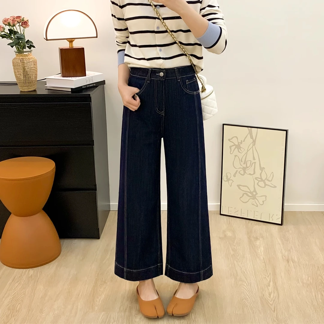 丹宁蓝九分直筒牛仔裤女秋季款胖mm梨形身材高腰宽松小个子阔腿裤