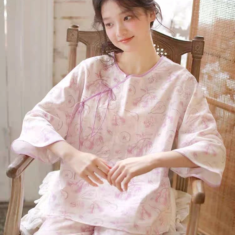 新中式夏季女士纯棉纱布七分袖薄款可外穿睡衣家居服套装