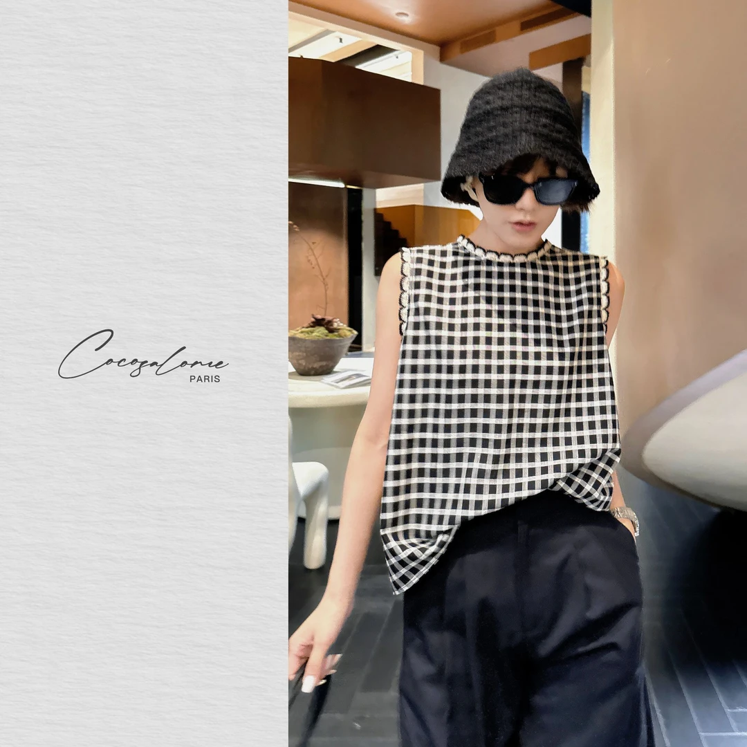 韩彬彬"醋酸背心"拼色针织提花牧羊格贝壳扣设计无袖背心1474-10