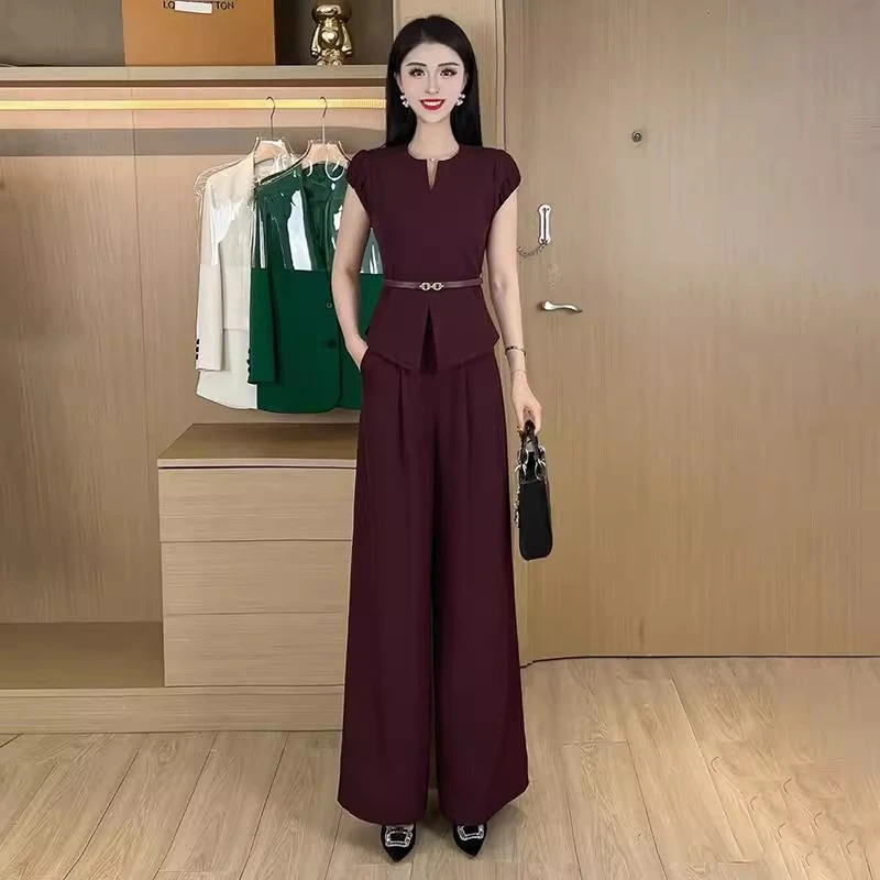 高级感时尚气质套装女夏季2025新款法式收腰显瘦上衣阔腿裤两件套