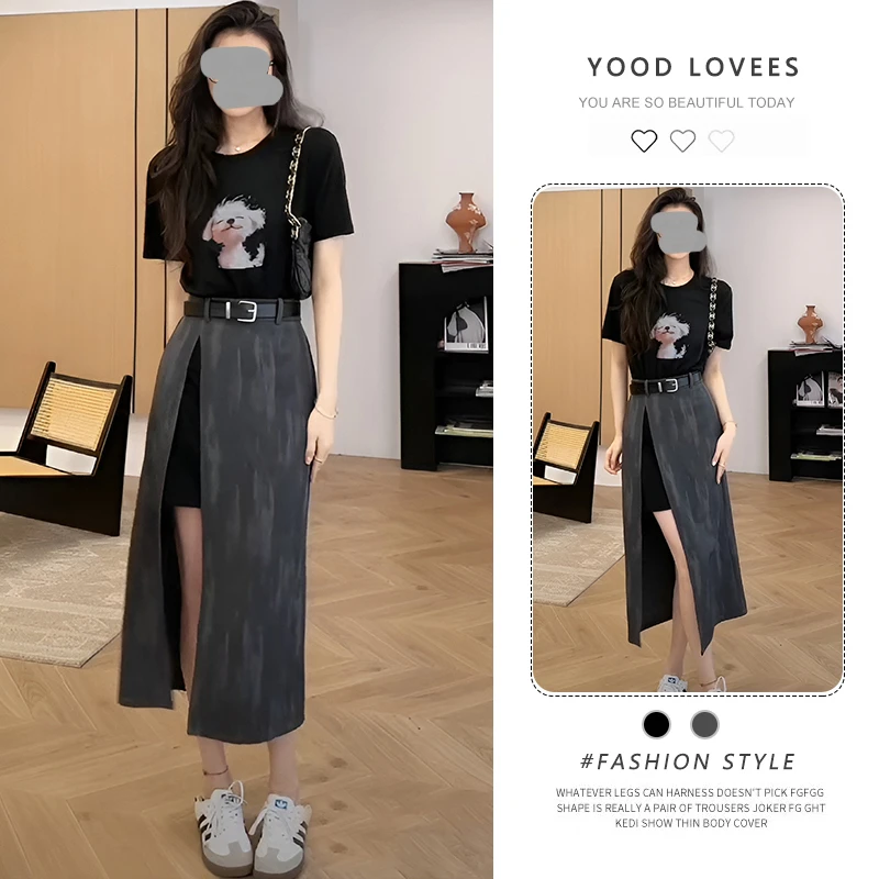 2025年夏季新款时尚洋气大码圆领设计感假两件显瘦拼接连衣裙女潮