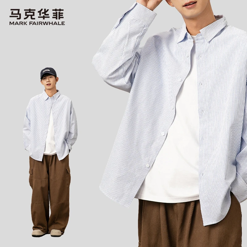 马克华菲日系潮牌廓形宽松细条纹长袖衬衫男士外套复古流行衬衣