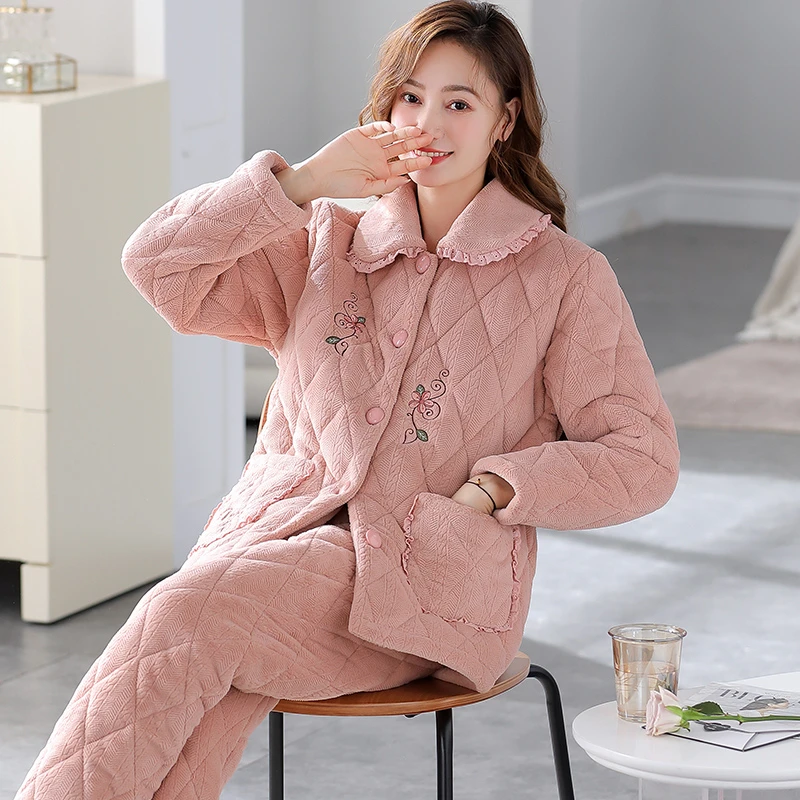 加大码玉兔绒夹棉睡衣女士冬季三层加绒加厚保暖珊瑚绒棉袄家居服