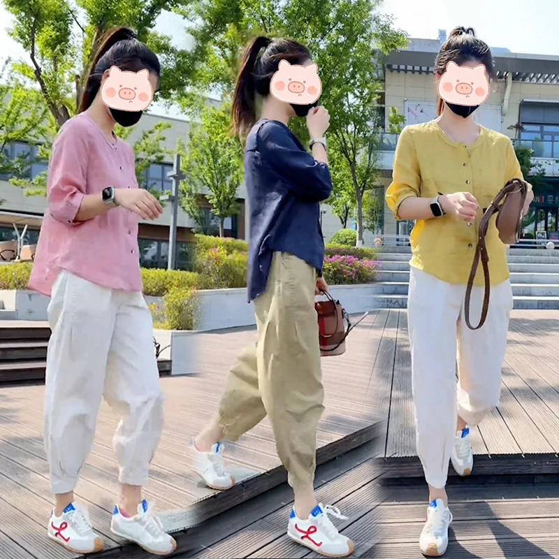 小个子穿搭一整套女夏季爆款韩版通勤百搭七分袖衬衫休闲裤两件套