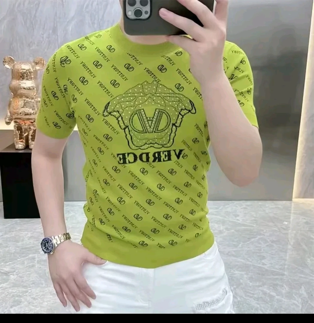 2025新款男士春夏季时尚高品质冰麻针织提花半袖潮流圆领短袖T恤