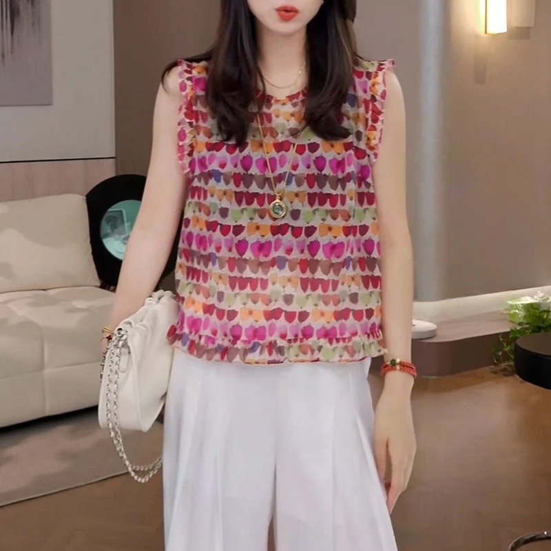 2025新款休闲时尚无袖薄款花色圆领衬衫百搭潮流