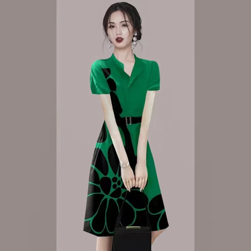 高级感短袖绿色连衣裙夏季2025新款女气质收腰衬衫裙子