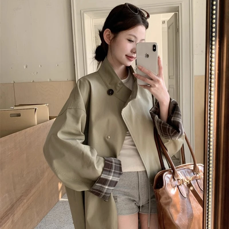 Benview【诺丁山下】2025春季撞色风衣外套廓形显瘦宽松英伦风大衣