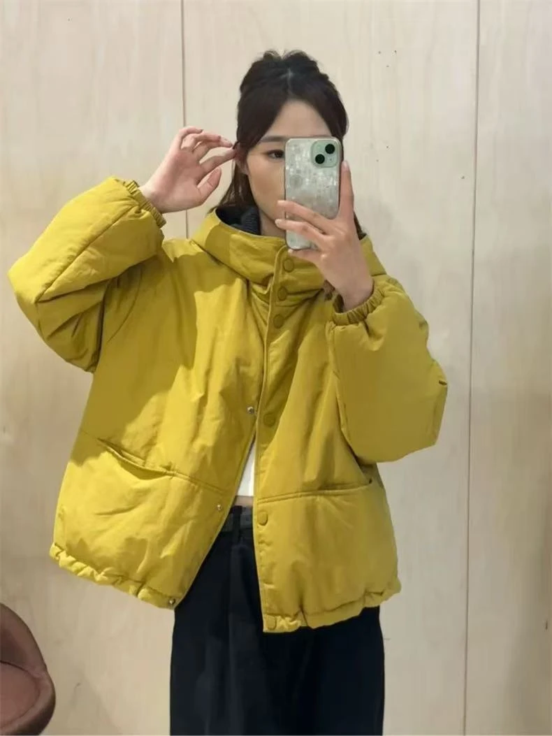 欧货格子拼接连帽棉衣短外套女秋季2025新款宽松保暖夹棉棉服上衣