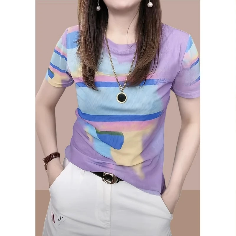 欧货2025夏新款复古印花网纱冰丝短袖t恤女修身洋气百搭打底上衣