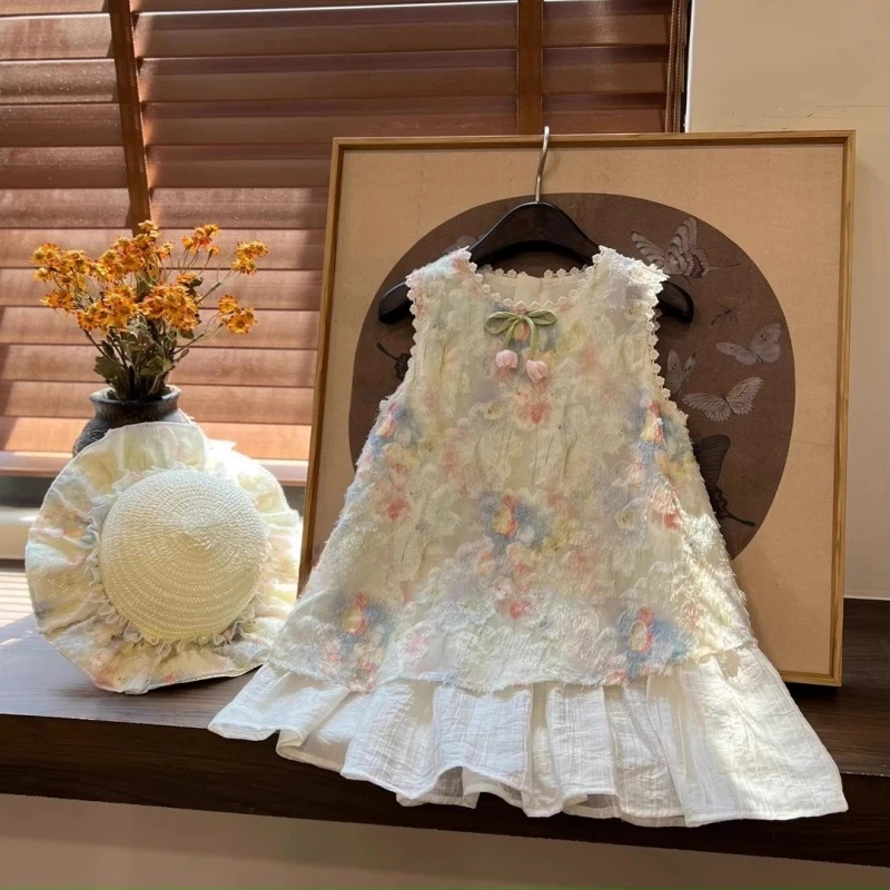 2025新款夏季女童连衣裙甜美花朵刺绣无袖公主裙送帽子百搭裙子