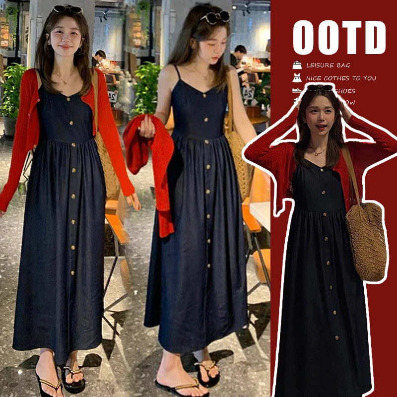 YNVO时尚小个子孕妇2025春夏复古牛仔背心长裙+防晒针织开衫套装
