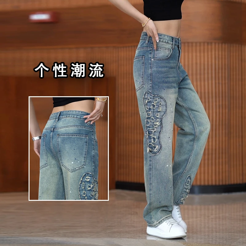 美式泼墨牛仔裤男款潮流时尚新款直筒长裤韩版百搭做旧男士休闲裤