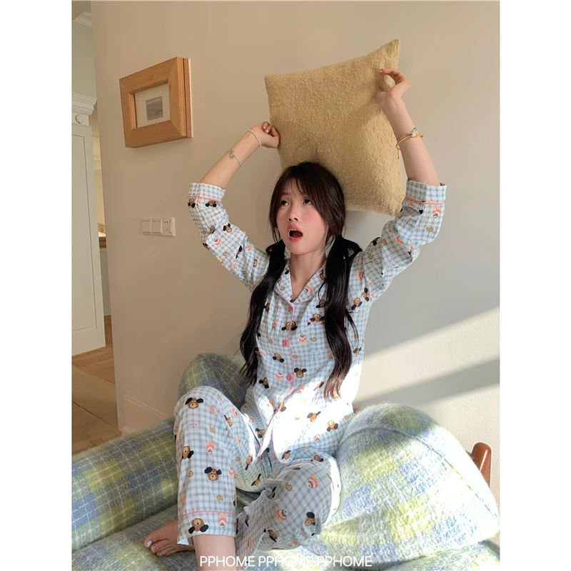 PPHOME自制~腊肠小狗 蓝色格子卡通睡衣长袖长裤薄款家居服套装女