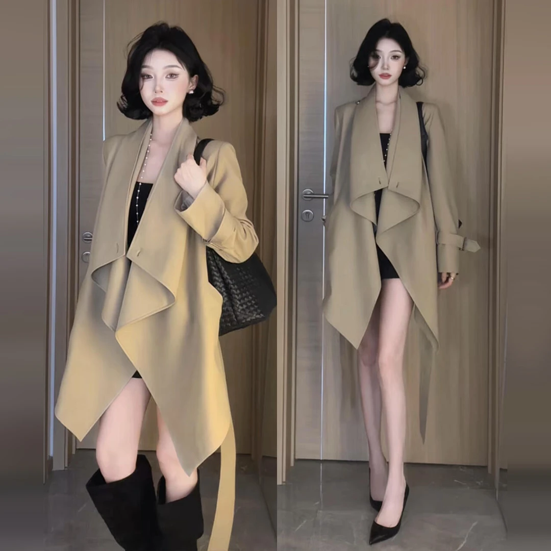 2025新款早秋季卡其色风衣外套女小个子巨好看韩版翻领上衣中长款