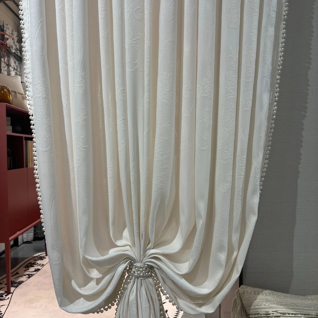 高端法式简约窗纱丝滑白色浮雕隔热防晒透光不透人