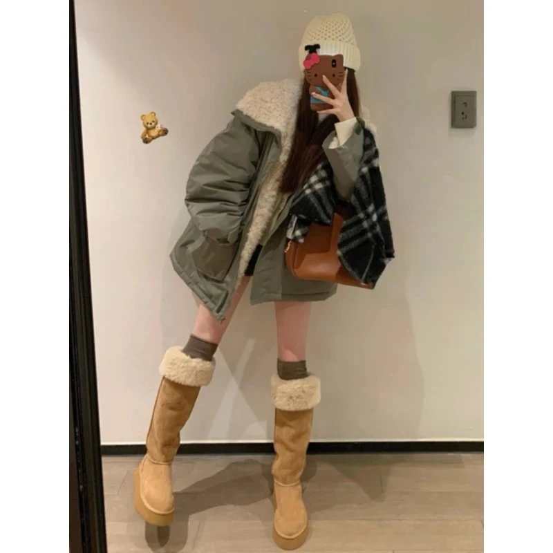 羊羔毛派克服女2025年冬季新款工装棉服冲锋衣加厚显瘦外套