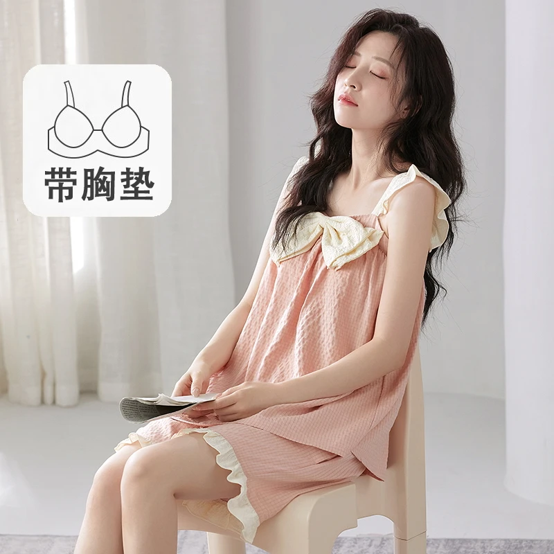 浪莎2025新款带胸垫睡衣女夏季吊带无袖短裤薄款家居服两件套装G