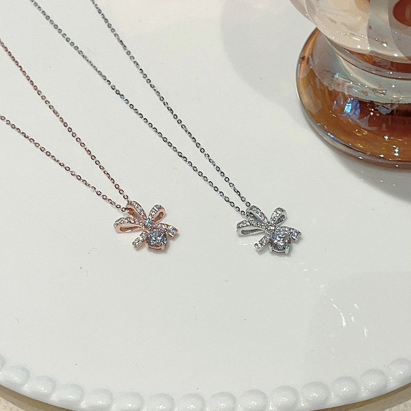 坠链均925银合成锆石 925银【五叶花】锆石一体项链