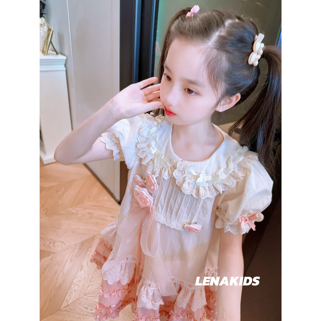 Lenakids现货【精致花花蕾丝边·100%纯棉渐变棉布裙】25041501