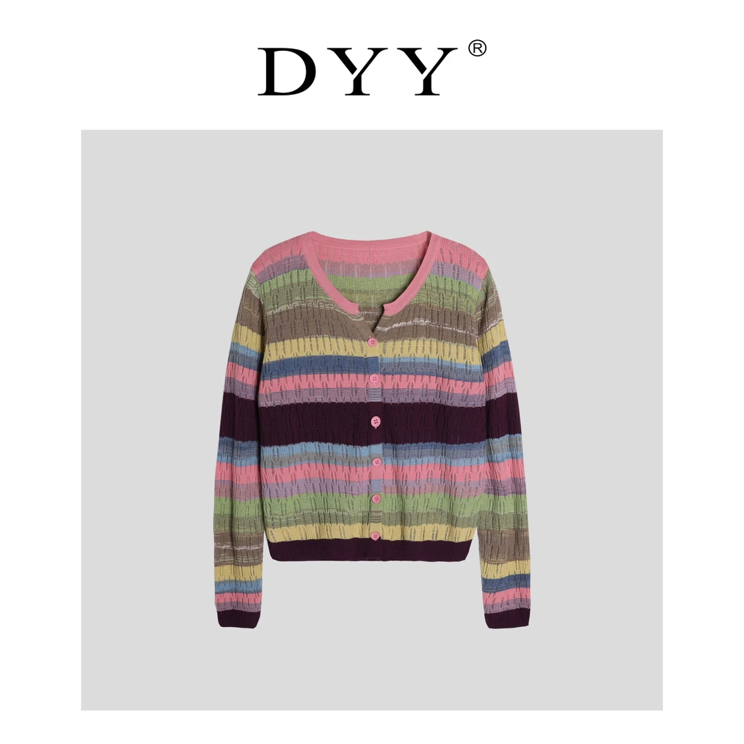 DYY品牌针织开衫女彩色条纹长袖设计感小众V领显瘦针织上衣YT1095