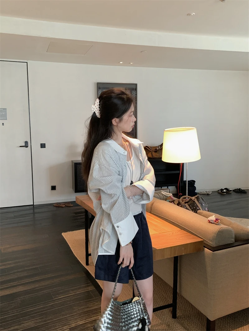 【OPENING自制】条纹序曲 翻领拼接条纹宽松长袖衬衫