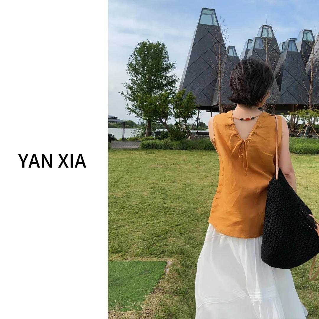 绝美夏日橙 100亚麻无袖背心 手工穿珠两面穿 设计感上衣 W-245