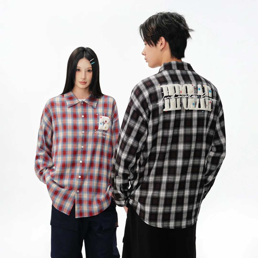 BIPOLAR彩色波点毛绒四芒星宽松潮流格子情侣衬衫长袖T恤 12K101