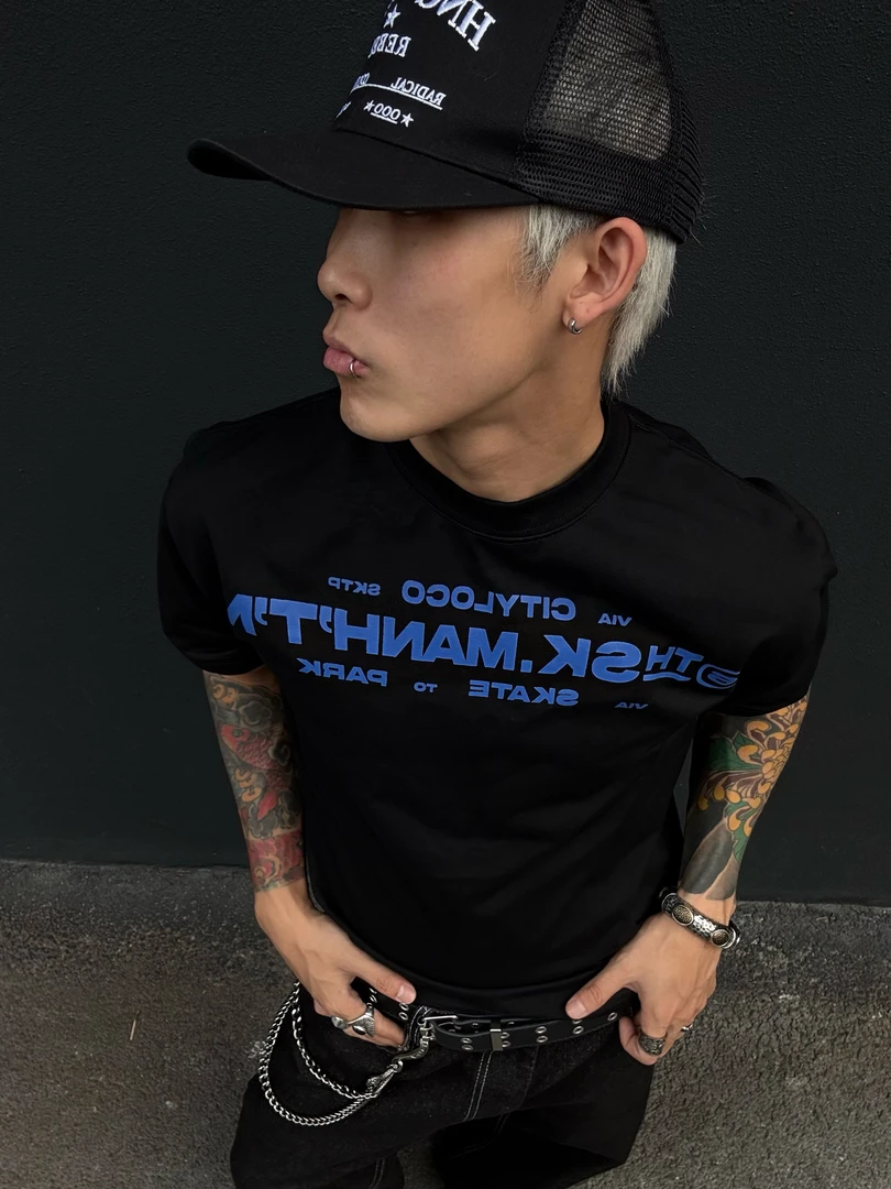 SKATEPARK 夏季新款230g索罗娜正肩凉感收腰创意横纹字母短宽T恤